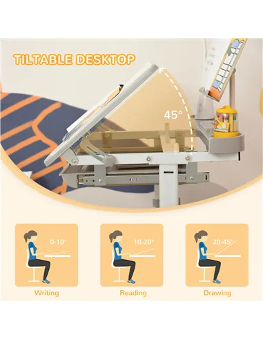 HOMCOM Kids Study Desk and Chair Set w/ Adjustable Height, Storage, Drawer, Grey