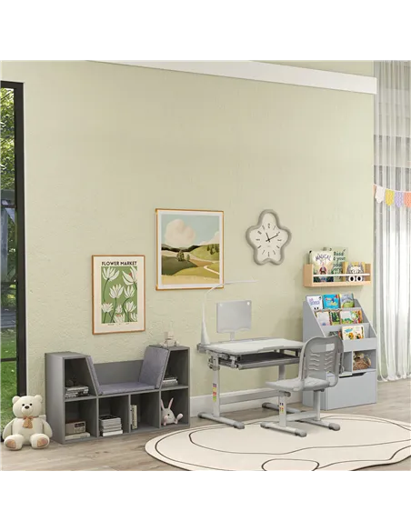 HOMCOM Kids Study Desk and Chair Set w/ Adjustable Height, Storage, Drawer, Grey