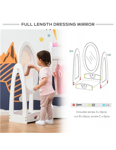 HOMCOM Kids Clothes Rail and Mirror Set 360° Rotation Free Standing Full Length Mirror and Hanging Rack with Storage Shelves Chi