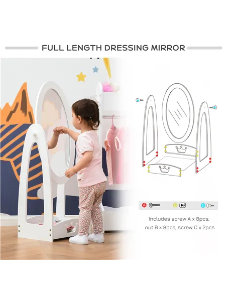 HOMCOM Kids Clothes Rail and Mirror Set 360° Rotation Free Standing Full Length Mirror and Hanging Rack with Storage Shelves Chi