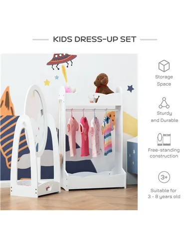 HOMCOM Kids Clothes Rail and Mirror Set 360° Rotation Free Standing Full Length Mirror and Hanging Rack with Storage Shelves Chi