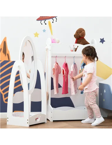 HOMCOM Kids Clothes Rail and Mirror Set 360° Rotation Free Standing Full Length Mirror and Hanging Rack with Storage Shelves Chi