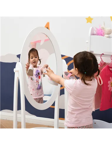 HOMCOM Kids Clothes Rail and Mirror Set 360° Rotation Free Standing Full Length Mirror and Hanging Rack with Storage Shelves Chi