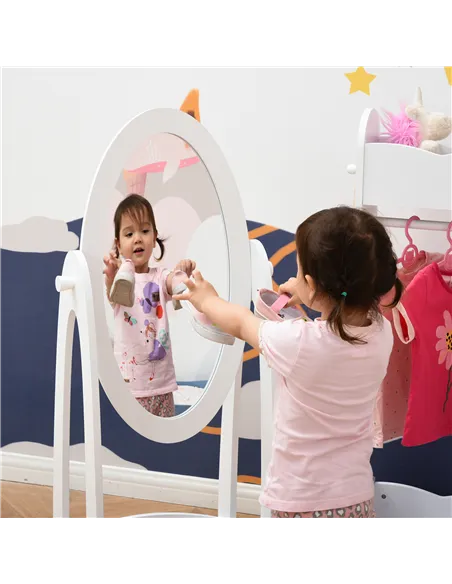 HOMCOM Kids Clothes Rail and Mirror Set 360° Rotation Free Standing Full Length Mirror and Hanging Rack with Storage Shelves Chi