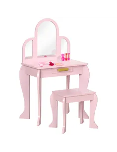HOMCOM Kids Dressing Table Set, with Mirror and Drawer - Pink