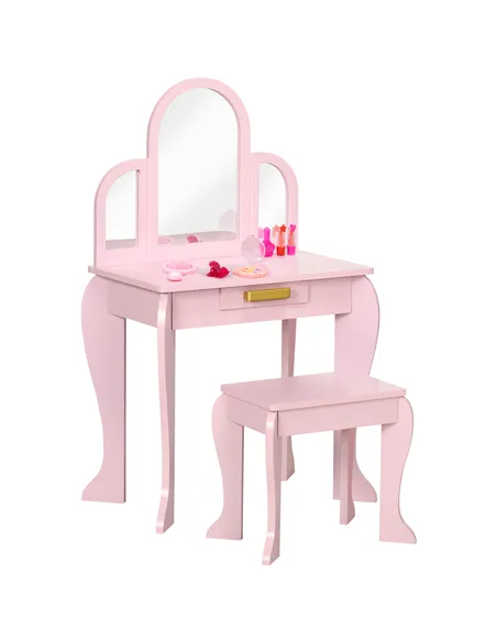HOMCOM Kids Dressing Table Set, with Mirror and Drawer - Pink