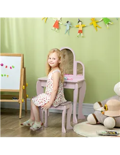HOMCOM Kids Dressing Table Set, with Mirror and Drawer - Pink 2