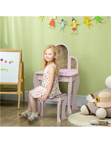 HOMCOM Kids Dressing Table Set, with Mirror and Drawer - Pink