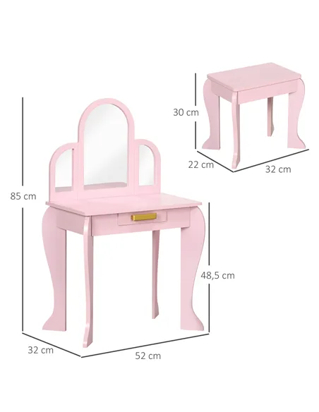 HOMCOM Kids Dressing Table Set, with Mirror and Drawer - Pink