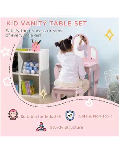 HOMCOM Kids Dressing Table Set, with Mirror and Drawer - Pink
