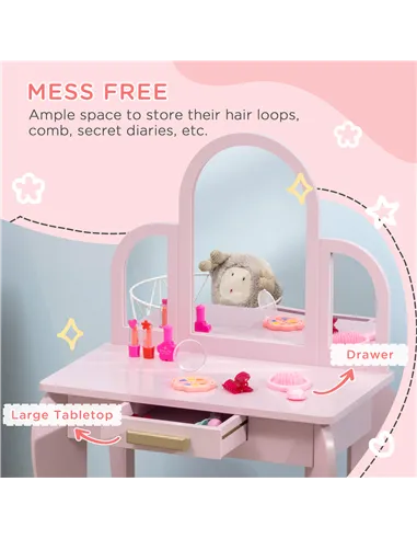 HOMCOM Kids Dressing Table Set, with Mirror and Drawer - Pink