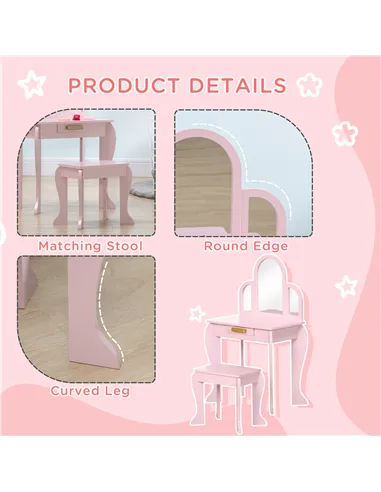 HOMCOM Kids Dressing Table Set, with Mirror and Drawer - Pink