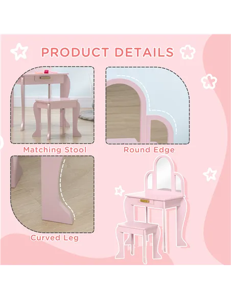 HOMCOM Kids Dressing Table Set, with Mirror and Drawer - Pink