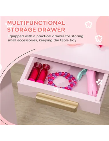 HOMCOM Kids Dressing Table Set, with Mirror and Drawer - Pink