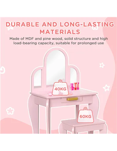 HOMCOM Kids Dressing Table Set, with Mirror and Drawer - Pink