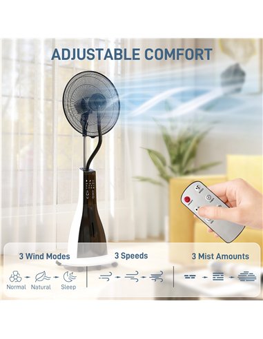 HOMCOM Pedestal Fan with Water Mist Spray, Spray Misting Fan with 75° Oscillation, Remote Control, Tilt Head, 3 Speeds, 3 Modes,