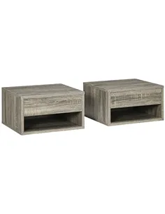 HOMCOM Set of Two Floating Bedside Tables Wall Mounted Nightstands with Drawer and Shelf for Bedroom, Brown Wood-Effect