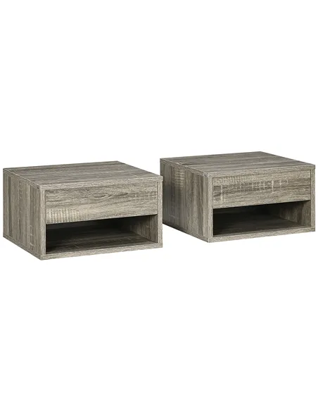 HOMCOM Set of Two Floating Bedside Tables Wall Mounted Nightstands with Drawer and Shelf for Bedroom, Brown Wood-Effect