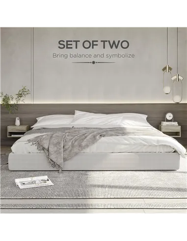 HOMCOM Set of Two Floating Bedside Tables Wall Mounted Nightstands with Drawer and Shelf for Bedroom, Brown Wood-Effect