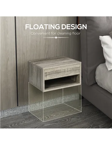 HOMCOM Set of Two Floating Bedside Tables Wall Mounted Nightstands with Drawer and Shelf for Bedroom, Brown Wood-Effect