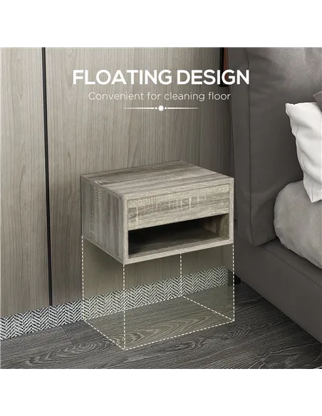 HOMCOM Set of Two Floating Bedside Tables Wall Mounted Nightstands with Drawer and Shelf for Bedroom, Brown Wood-Effect