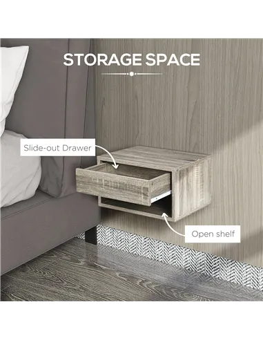 HOMCOM Set of Two Floating Bedside Tables Wall Mounted Nightstands with Drawer and Shelf for Bedroom, Brown Wood-Effect