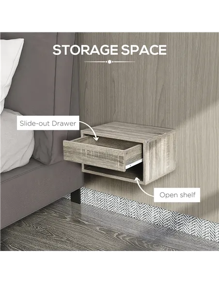 HOMCOM Set of Two Floating Bedside Tables Wall Mounted Nightstands with Drawer and Shelf for Bedroom, Brown Wood-Effect