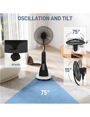 HOMCOM Pedestal Fan with Water Mist Spray, Spray Misting Fan with 75° Oscillation, Remote Control, Tilt Head, 3 Speeds, 3 Modes,
