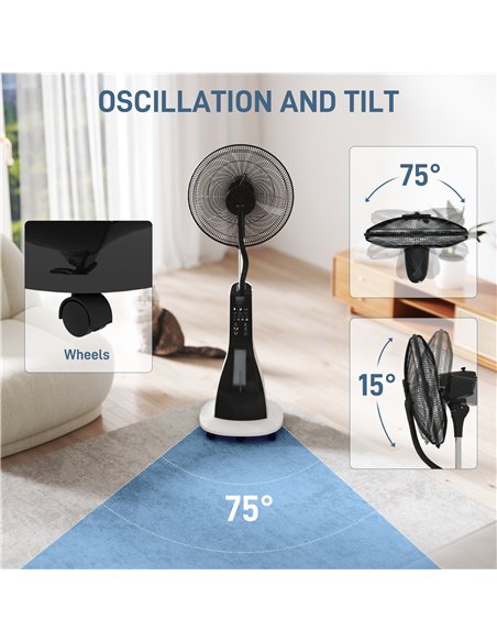 HOMCOM Pedestal Fan with Water Mist Spray, Spray Misting Fan with 75° Oscillation, Remote Control, Tilt Head, 3 Speeds, 3 Modes,