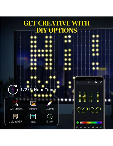 HOMCOM LED Curtain Lights, Smart Curtain Fairy Lights Plug In, Colour Changing Wall Lights with Remote, App, Dynamic DIY Hanging