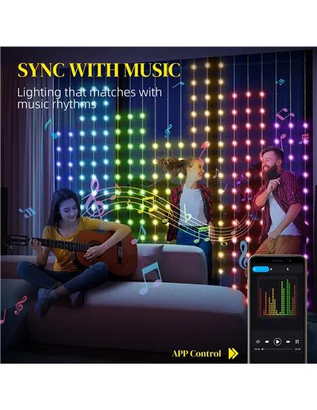HOMCOM LED Curtain Lights, Smart Curtain Fairy Lights Plug In, Colour Changing Wall Lights with Remote, App, Dynamic DIY Hanging