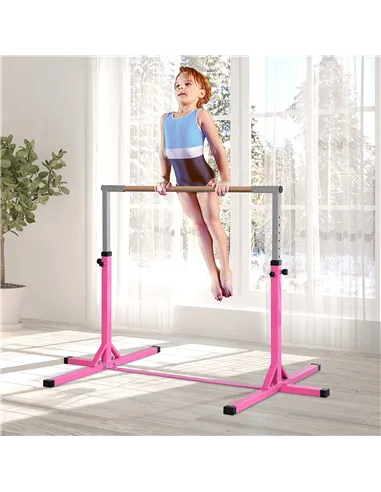 HOMCOM Height Adjustable Gymnastics Horizontal Bar for Kids, Children Junior Kip High Bar Fitness, Pink