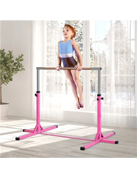 HOMCOM Height Adjustable Gymnastics Horizontal Bar for Kids, Children Junior Kip High Bar Fitness, Pink
