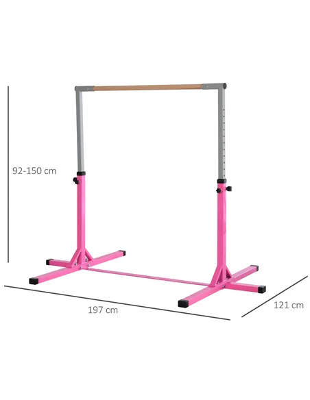 HOMCOM Height Adjustable Gymnastics Horizontal Bar for Kids, Children Junior Kip High Bar Fitness, Pink