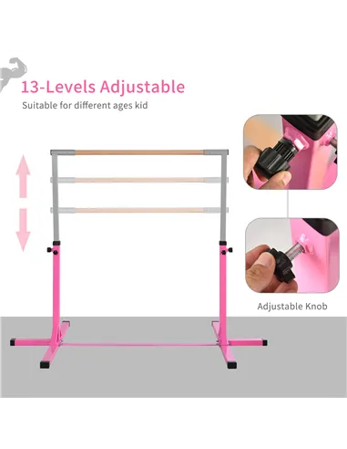 HOMCOM Height Adjustable Gymnastics Horizontal Bar for Kids, Children Junior Kip High Bar Fitness, Pink