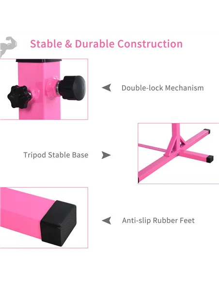 HOMCOM Height Adjustable Gymnastics Horizontal Bar for Kids, Children Junior Kip High Bar Fitness, Pink