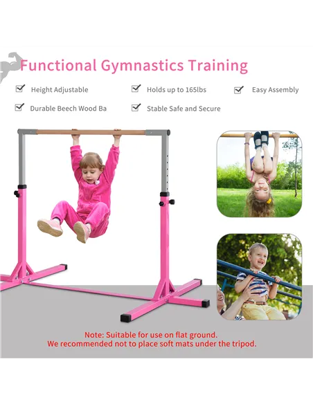 HOMCOM Height Adjustable Gymnastics Horizontal Bar for Kids, Children Junior Kip High Bar Fitness, Pink