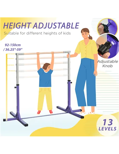 HOMCOM Steel Frame Adjustable Horizonal Gymnastics Bar For Kids Home Gym Training Purple