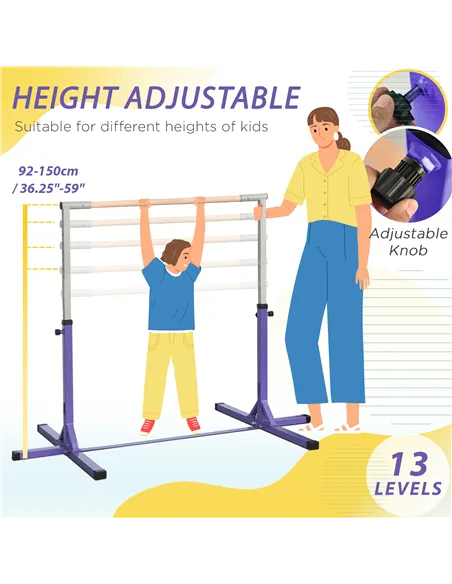 HOMCOM Steel Frame Adjustable Horizonal Gymnastics Bar For Kids Home Gym Training Purple