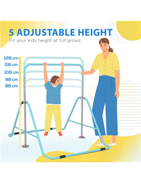 HOMCOM Kids Gymnastic Bar, with Adjustable Height, Foldable Horizontal Bars - Light Blue