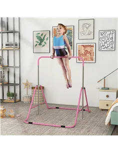 HOMCOM Kids Gymnastic Bar, with Adjustable Height, Foldable Horizontal Bars - Pink 2