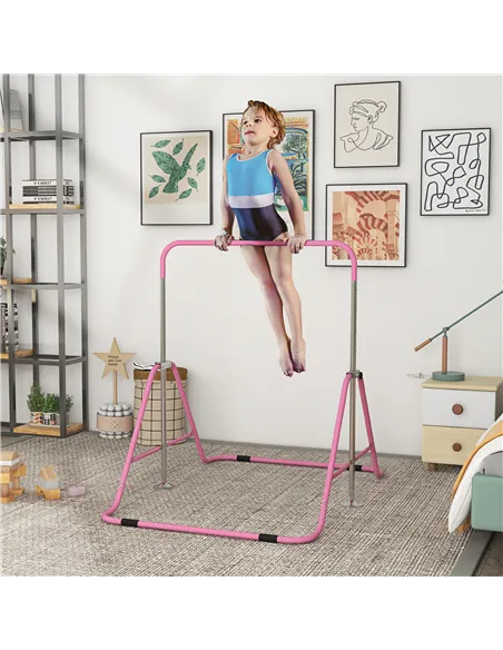 HOMCOM Kids Gymnastic Bar, with Adjustable Height, Foldable Horizontal Bars - Pink