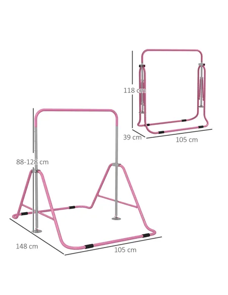 HOMCOM Kids Gymnastic Bar, with Adjustable Height, Foldable Horizontal Bars - Pink