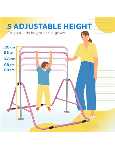 HOMCOM Kids Gymnastic Bar, with Adjustable Height, Foldable Horizontal Bars - Pink