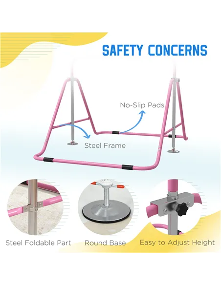 HOMCOM Kids Gymnastic Bar, with Adjustable Height, Foldable Horizontal Bars - Pink