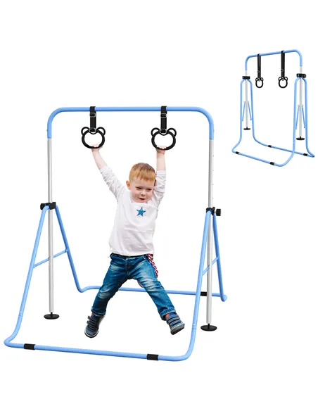 HOMCOM Adjustable Height, Foldable Kids Gymnastics Bar w/ Non-slip Rubber Floor Rings, for 3+ Years, Blue