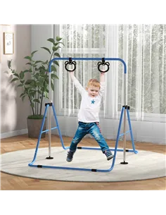 HOMCOM Adjustable Height, Foldable Kids Gymnastics Bar w/ Non-slip Rubber Floor Rings, for 3+ Years, Blue 2