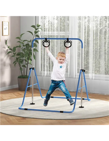 HOMCOM Adjustable Height, Foldable Kids Gymnastics Bar w/ Non-slip Rubber Floor Rings, for 3+ Years, Blue