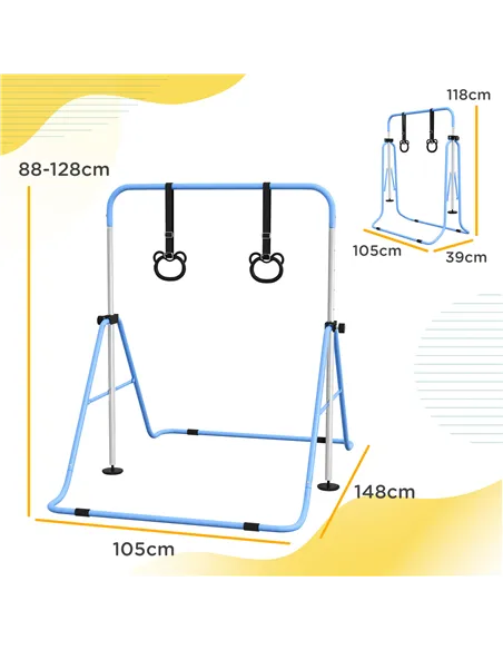 HOMCOM Adjustable Height, Foldable Kids Gymnastics Bar w/ Non-slip Rubber Floor Rings, for 3+ Years, Blue