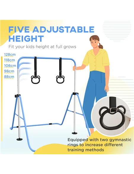 HOMCOM Adjustable Height, Foldable Kids Gymnastics Bar w/ Non-slip Rubber Floor Rings, for 3+ Years, Blue